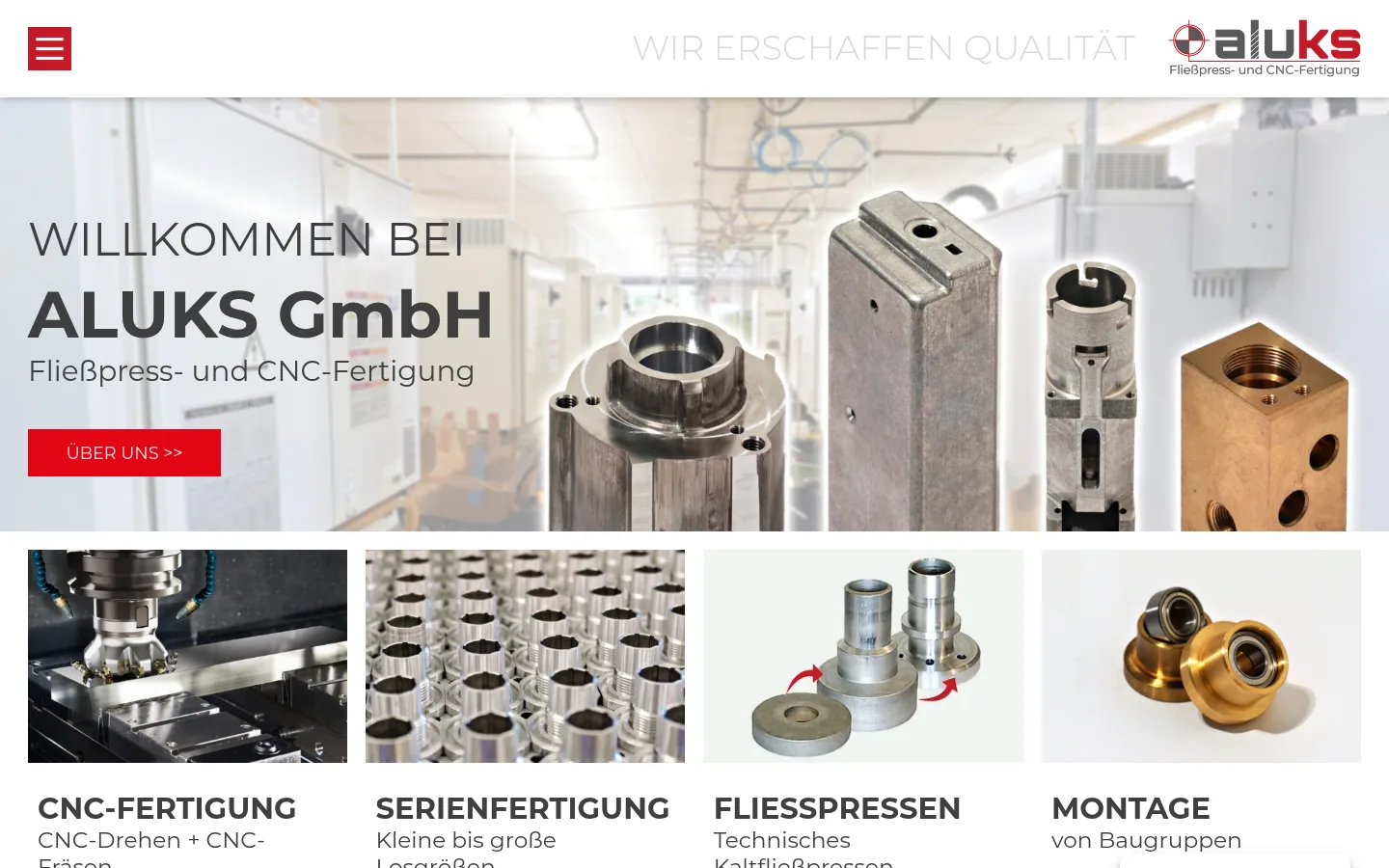 Screenshot der Website der ALUKS GmbH: Startseite mit Metallteilen aus der Fertigung