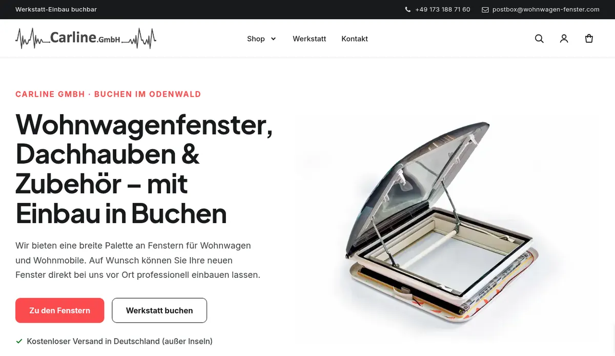 Startseite des WooCommerce-Onlineshops wohnwagen-fenster.com der Carline GmbH aus Buchen mit Wohnwagenfenstern und Dachhauben