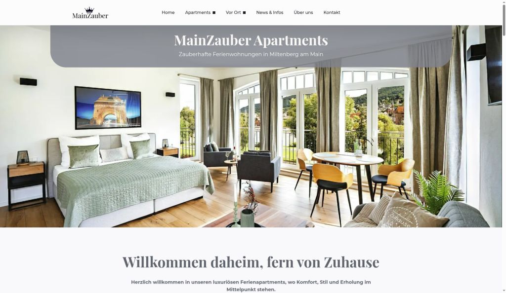 Website der MainZauber Apartments in Miltenberg mit Blick in eine Ferienwohnung