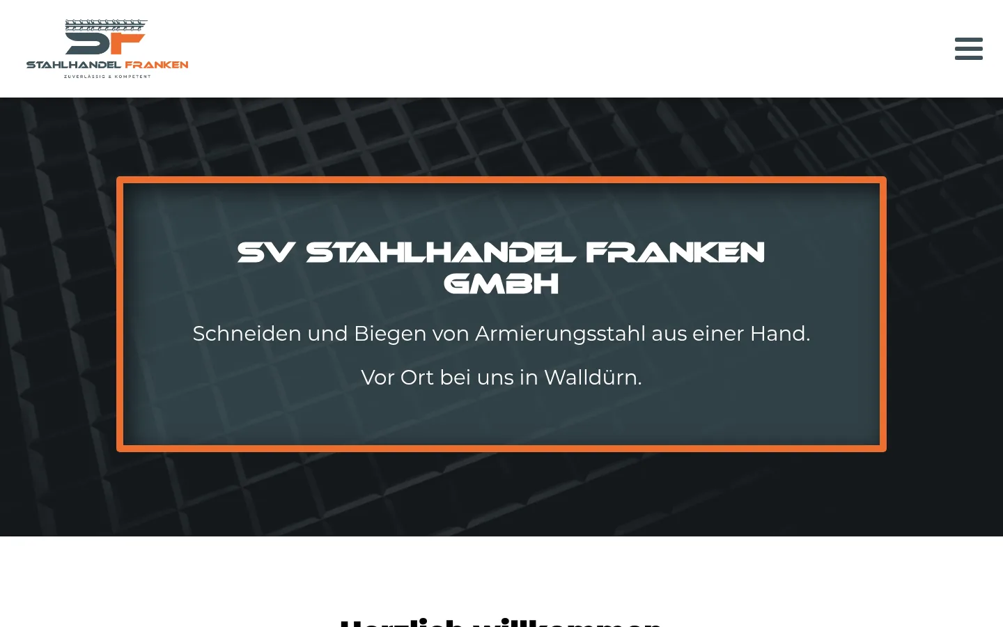 Screenshot der Website der SV Stahlhandel Franken GmbH: Startseite mit dem Firmennamen vor einem Baustahlgitter