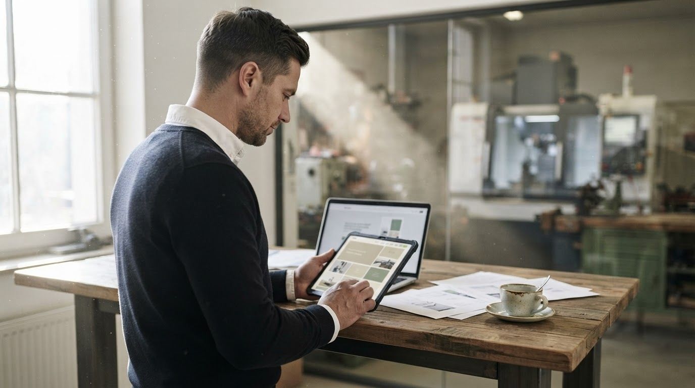 Website-Entwurf auf dem Tablet, im Hintergrund eine Werkstatt