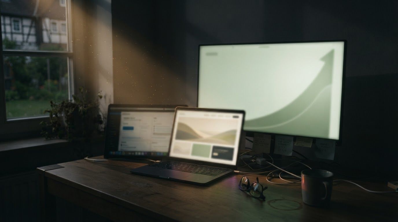Arbeitsplatz mit Laptop und Monitor, darauf ein Website-Entwurf