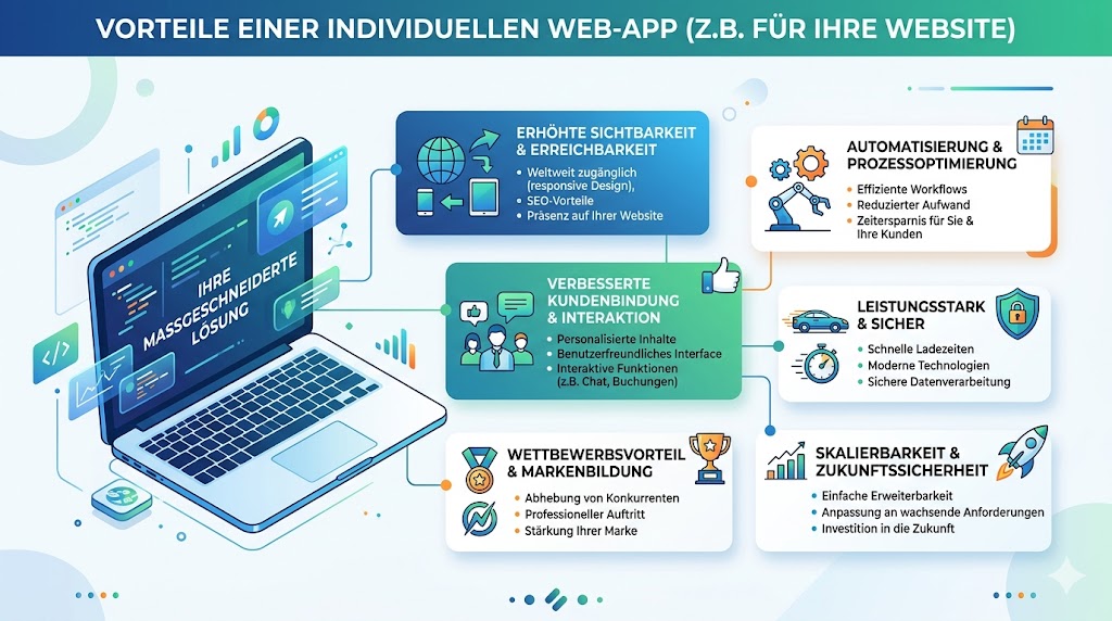 Vorteile von Web-Apps: Plattformunabhängigkeit, Keine Installation erforderlich, Automatische Updates, Kosteneffiziente Entwicklung, Unbegrenzte Anpassbarkeit, Zentrale Datenverwaltung, Zugriff von überall, Skalierbare Lösungen
